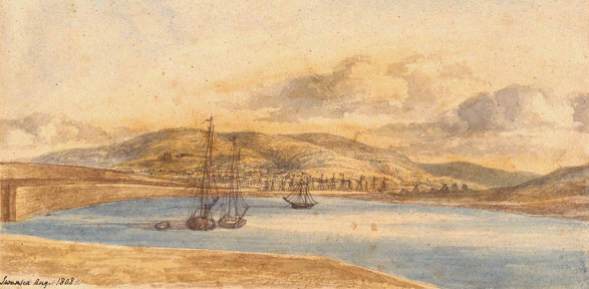 The Harbour at Swansea 1808. The town is in the distance, and the area behind the artist to the right is Port Tennant Docks, used for canal barges. Kilvey Hill to the right, Mayhill and Townhill ahead.
